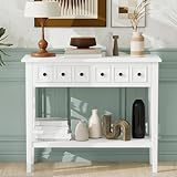 FULife 38“ Entryway Console Table with 2 Storage Drawers and Open Bottom Shelf for Bedroom Living Room, Rustic Design Wooden Sofa Sidetable with Rubberwood Legs for Display in Hallways Front Hall