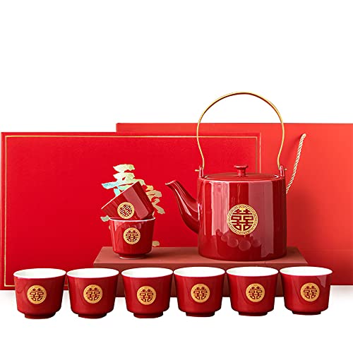 TANFEI Wedding Tea Set, Kung Fu Tea Set, Double Happiness Porcelain Red Wedding Tea Set, Chinese Traditional Wedding Decoration Supplies