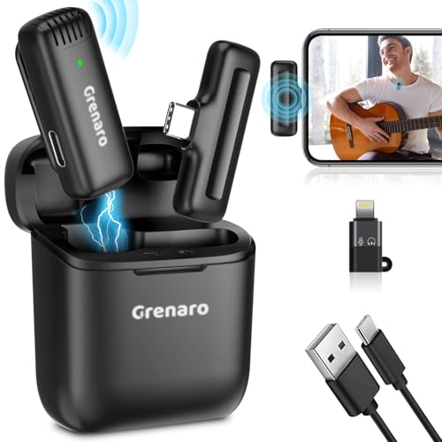 GRENARO J11 Wireless Mic with Charging Case, Lavalier Microphone Compatible for Type-C & iPhone, Noise Reduction Lapel Mic for Video Recording, YouTube, Facebook, Live Stream, No Micro USB Port