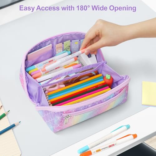 Image of Large Pencil Case for Girls, Aesthetic Pencil Pouch for School, Wide Opening Organizer Box with Handle, Fits 50 Pens & Markers (Glitter Purple Mermaid)