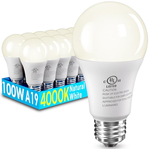 12 Pack LED Light Bulbs 100 Watt Equivalent, A19 15W Natural White 4000K, 1500 Lumens Super Bright E26 Standard No Flicker Energy Saving Lamp Bulb for Home, Bedroom, Office, 15000 Hrs, Non-Dimmable