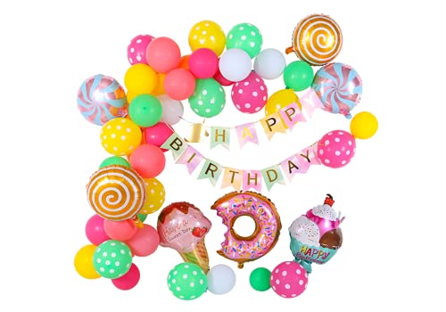 AinDen Candyland balloon arch kit, Candyland Party Decorations, Balloons Garland, with Happy Birthday Banner, Candy, Donut, Ice Cream Foil Balloon