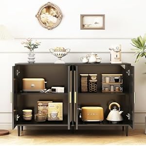 Sideboard buffet cabinet with storage 4 doors accent sideboard coffee bar cabinet rattan sideboard for dining room kitchen hallway cupboard console table  urban country home decor