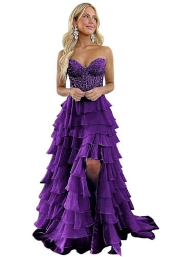 Strapless Tiered Lace Prom Dresses for Women 2026 Long Sweetheart Chiffon Corset Formal Evening...