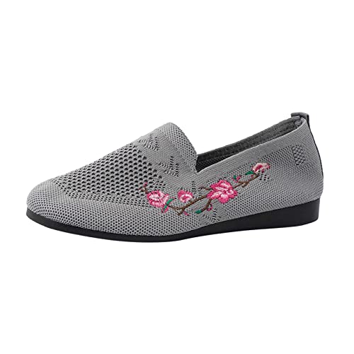 Zapatillas deportivas de malla transpirable con bordado de flores para mujer, de fondo plano, informales, color blanco, gris, 37 EU