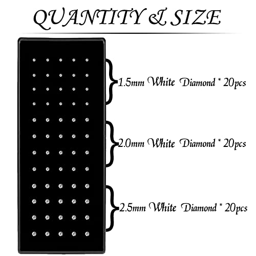 OMAIGAR Nose Rings Studs, 60pcs Straight or L-Shaped or Screw Nose Studs for Women Men, Surgical Stainless Steel Hypoallergenic Nose Piercing Jewelry 1.5/2/2.5mm Size Rhinestone and Ideal Gift3