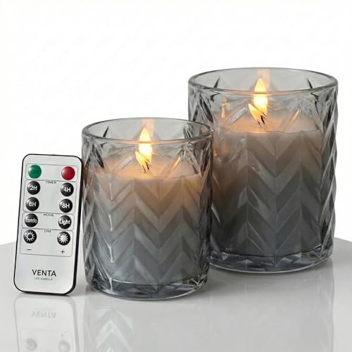 VENTA LED Candles 2 Pack - Grey Hobnail Glass Flameless Candles with Remote and Timer - Realistic Flickering Battery Operated Pillars - Vintage Diamond Texture for Home Decor (Grey Hobnail Glass)