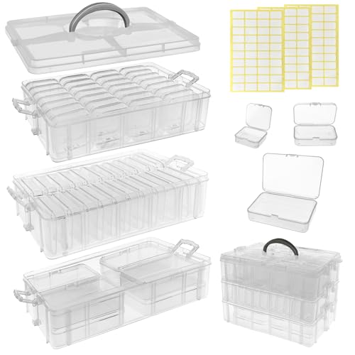 Image of 59 PCS Stackable Bead Organizer Box with Removable Cases, Labels & Handle | Clear Plastic Storage for Beads, Jewelry, Diamond Painting, Screws, Crafts, and Small Parts With Hinged lids