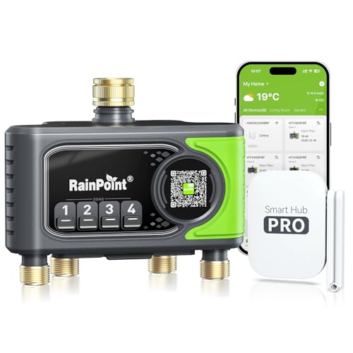 RAINPOINT Timer Irrigazione WiFi 4 Zone, Ingresso/Uscita in Ottone, Centralina di Irrigazione Smart con Controllo Meteo/Umidità del Suolo, Controllo App e Vocale per Giardino e Prato