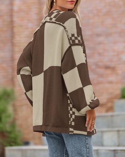 Image of BTFBM Casual Cardigan Sweater for Women Fall 2026 Long Sleeve Open Front Chunky Knit Sweaters Checkered Outwear Coat