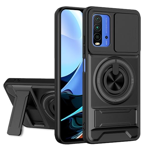 Image of AESTMO Redmi 9 Power /Poco M3 Back Cover | Armor Camera Slider 360 Degree Rotating Finger Ring Holder Case with Bracket Stand Back Case Cover (Compatible with MagSafe Accessories) (Black)