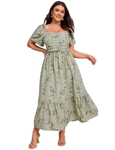 Image of ShopWonder Women Plus Size Dress Short Sleeve Square Neck Floral Maxi Pleated Ruffle A Line Long Dress