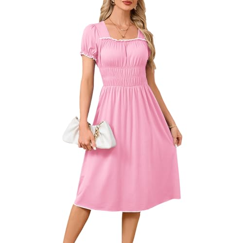 Image of Women's 2026 Summer Boho Floral Midi Dress Casual Square Neck Puff Sleeve A Line Dresses with Pockets