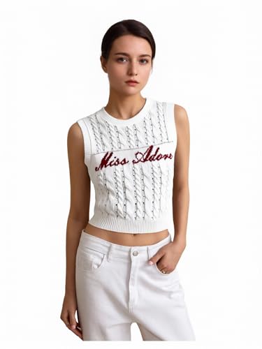 Women's Letter Embroidered Sweater Vest Crew Neck Sleeveless Fitted Cable Knit Tops