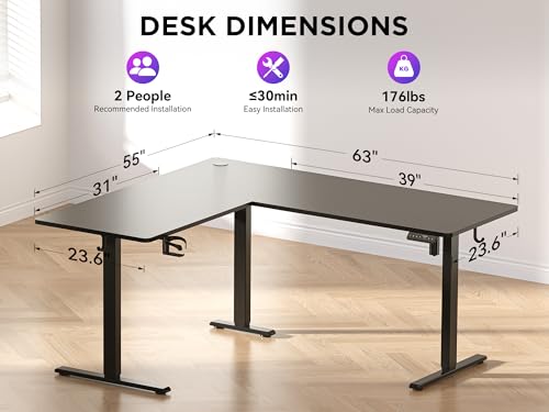 Image of WALKINGDESK 63x55 Inches Reversible L Shaped Standing Desk, Height Adjustable With Cup Holder, Electric Corner Computer Workstation, Sit Stand up Home Office, Ergonomic Gaming, Black