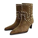 NHBEOEN Suede Kitten Heel Ankle Boots for Women Fashion Rivets Pointed Toe Pull On Comfortable Low Heel Booties Vintage Party Dating Dress Short Boots (brown,9)