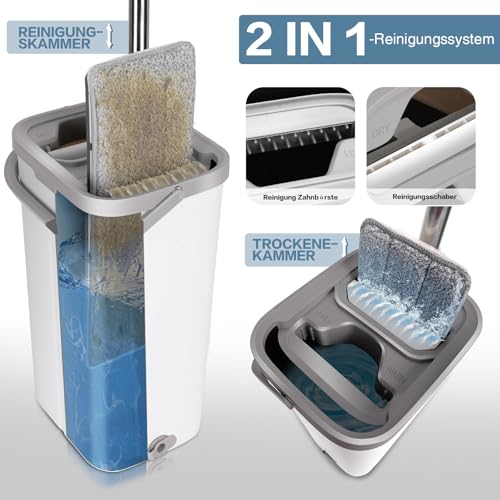 Wischmopp Set mit Eimer,Masthome Putzeimer mit Wischmop und 5 Mikrofaser Moppkopf, Wischmopp Set mit 140cm Edelstahl Griff, Bodenwischer mit Auswringfunktion für Alle Böden - Weiß – Bild 3