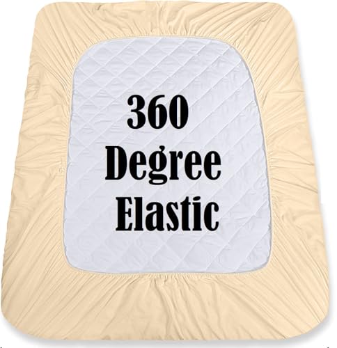 Image of Trance Home Linen Fitted Quilted Cotton Mattress Protector | Water Resistant - Breathable Fluffy Soft Bed Cover | Bed Cushion Cooling Protector (Quilted Fitted | 72x60 inch, Beige)