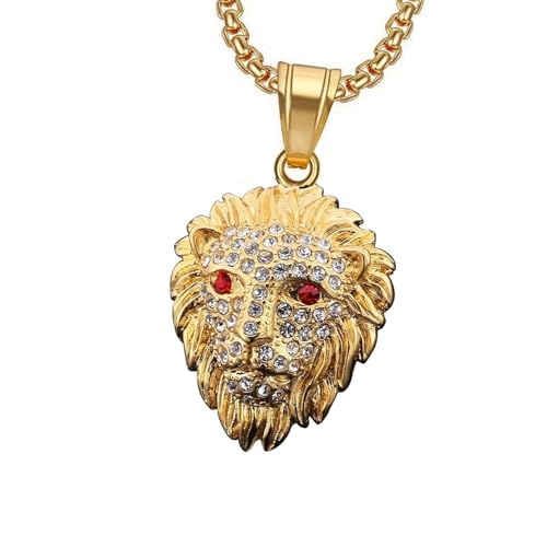Pendentif tête de lion scintillant pour homme - Collier classique doré tête de lion - Yeux rouges - Bijou hip-hop pour homme