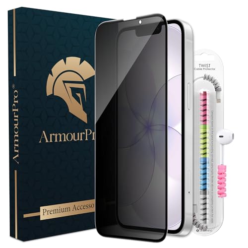 Image of ArmourPro Privacy Tempered Glass for iPhone 17e, 16E, 14 and iPhone 13, Anti Spy Anti Peeping Screen Protector, Edge-to-Edge Full Coverage, 9H Hardness with Cable Protector | Black