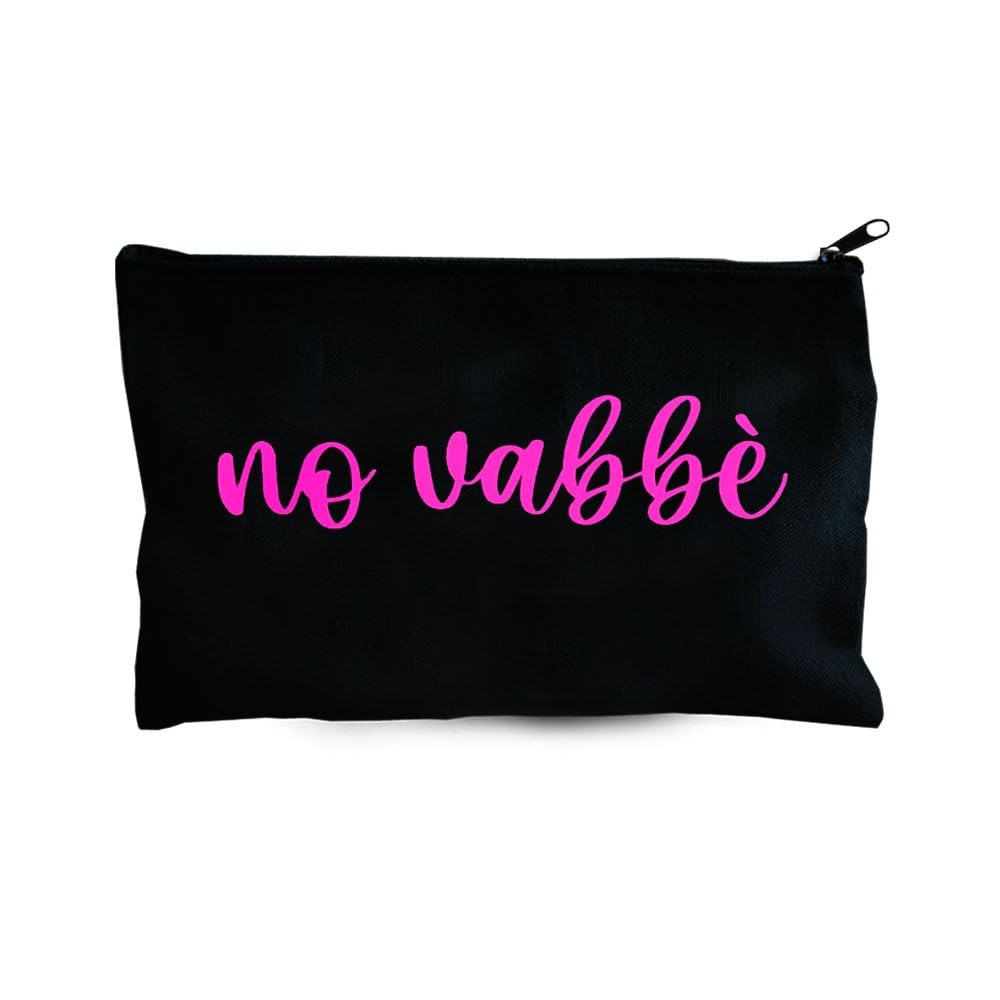 Pochette in tela “no vabbè” – Astuccio nero con scritta rosa – Beauty case divertente 21x13 cm con cerniera