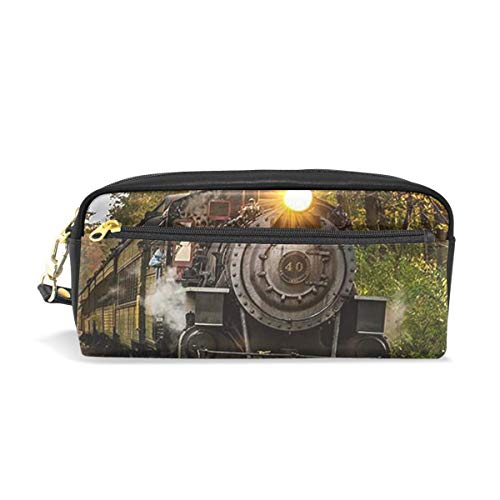 Preisvergleich Produktbild Ahdyr Bleistiftetui Herbstbaum Dampfzug PU Leder Bleistiftbeutel Reißverschluss Stiftbeutelhalter Student Stationary Cosmetic Makeup Bag