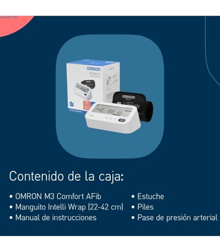 OMRON M3 Comfort AFib – Tensiómetro automático de brazo con detección de fibrilación auricular + funda IntelliWrap, medición de 3 vías, 2 memorias, perfecto para el hogar y la prevención