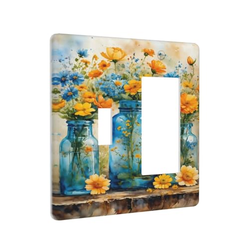 Decorative Outlet Covers Rustic Yellow Flowers Floral Blue Bottles 2 Gang 1 Gang Wall Plate Cover Single Toggle Rocker Combo Light Switch Cover Plate Face Plate for Bedroom Decor