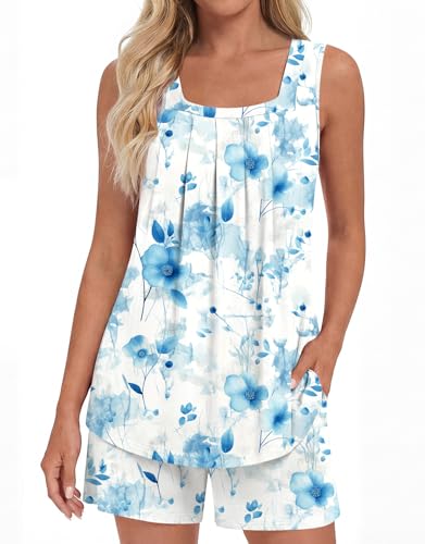 Image of LONGYUAN Womens Sleeveless Pajama Set Soft Summer Lounge Shorts Tank Top Sleepwear with Pockets 2 Piece Set M-3XL
