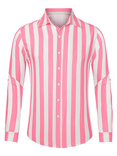 Lars Amadeus Men's Casual Striped Shirts Long Sleeves Button Down Classic Fit Dress Shirts Pink White XL