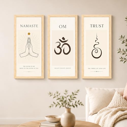 Image of meditation Om Unalome Framed Wall Art Painting for Living Room,Set of 3 Shanti Mantra Minimalist Poster, Boho Meditation Room Decor for Living Room (Size 24x48 cm)