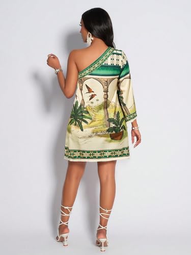 Image of KATECLO Women's One-Shoulder Boho Mini Dress - Asymmetrical Sleeve Floral Print Summer Shift Dress with Border Trim