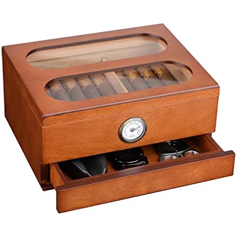 COOL KNIGHT Cigar Humidor with Front Hygrometer, Humidifier and Accessory Drawers-Tempered Glass Top Cigar Humidor Box - Spanish Cedar Humidor-Desktop Humidor That can Hold 20-35 Cigars. Cover