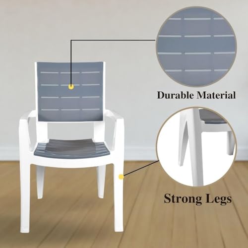 Image of ITALICA Designer Series Comfortable Plastic Arm Chair /Double Insert Stackable Chair for Home, Office /Plastic Chair /Sturdy & Durable Chair /Indoor and Outdoor (White and Grey, Set 1)