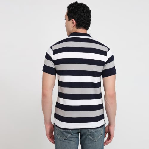 Image of Raymond Men Modern Fit Stripe Pattern Pure Cotton Polo Neck Half Sleeve Casual T-Shirt