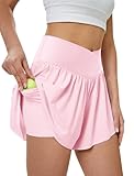DLOODA Women's Athletic Running Shorts with Pockets Crossover Butterfly Flowy Shorts Cute Summer Skorts (Pink L)
