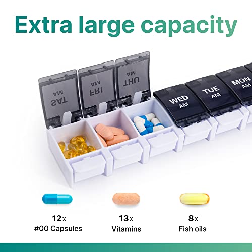 Image of Sukuos AM PM Weekly 7 Day Pill Organizer, 2 Times A Day Pill Box with Arthritis Friendly Push Button, Medicine Cases for Vitamin /Fish Oil /Supplements, Easy to Clean (Black)
