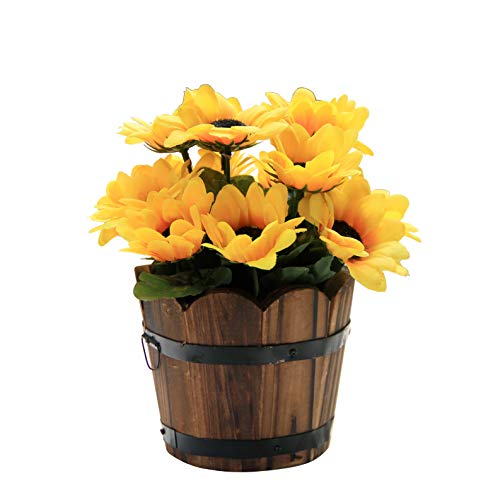 Flikool 13 Cabezas Girasol Artificial con Jarrón Flores Decorativas de Seda Plantas Artificiales en Barril de Madera Maceta Arreglos Florales para Balcón Hogar Comedor Oficina Boda Partido Cover