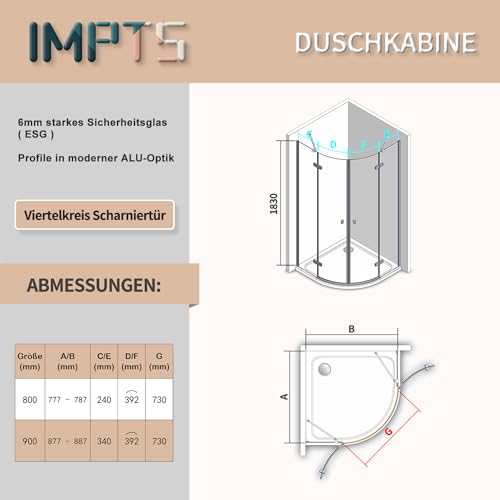 IMPTS Runddusche 90x90, Duschkabine Viertelkreis Dusche Rahmenlos Duschabtrennung mit 6mm ESG Glas Höhe 185cm Ohne Duschtasse & Ablauf – Bild 5