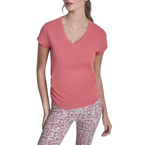 Image of DKNY Women's Short Sleeve V-Neck Tech Ruched Side Seam Active T-Shirt