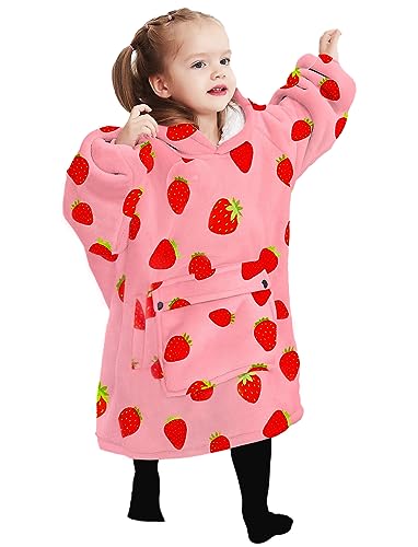 Image of KFUBUO Wearable Blanket Hoodie for Kids With Pocket Toddlers 2-6 Year Old | Strawberry, Sherpa, Heavy Material, Oversized Sweatshirt Blanket, Kids Blanket, Girl Boy Gifts, Cozy Gifts for Kids