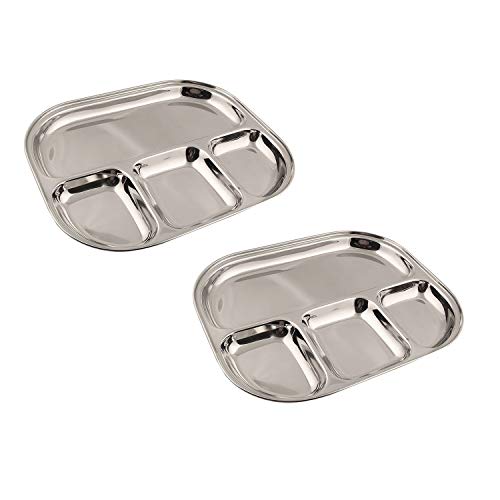 Khandekar Pack of 2 Stainless Steel 4 Compartment Dinner Plates 4 Section Eco Friendly Kids Divided Plate Serving Mess Trays - 13 33 cm Silver