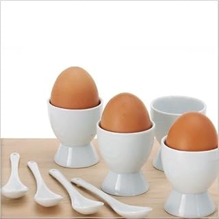 8 Piece Breakfast Set 4 x Egg Cup Holders & 4 x Spoons White Porcelain Ceramic