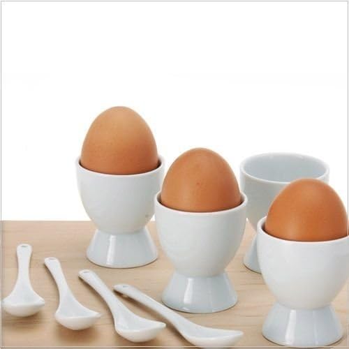8 Piece Breakfast Set 4 x Egg Cup Holders & 4 x Spoons White Porcelain Ceramic