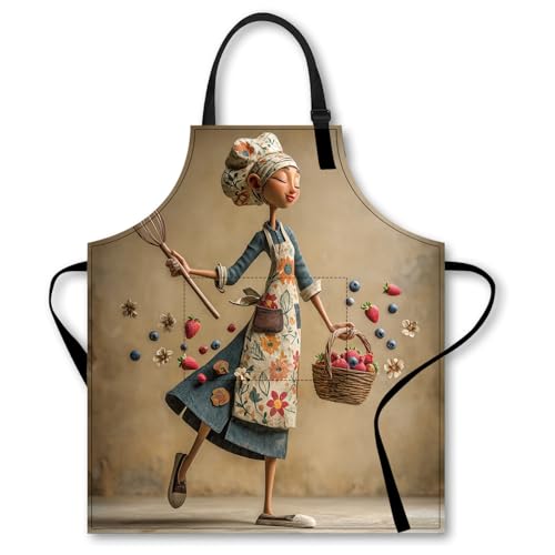 Nuxovilar Cute Apron with Floral & Berry Chef Pattern, 26.77 * 30.7 Inches - Cooking Apron for Women, Apron with Pockets, Great for Kitchen Cooking, Baking, Fruit Prep