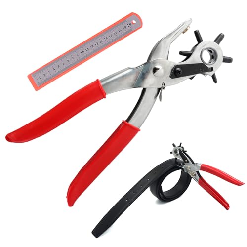 Sacabocados para Cuero, Maquina Hacer Agujeros Cinturones, Perforadora Cuero, Alicates Sacabocado Agujero con 6 Tamaños, 2-5 mm, Hacer Agujeros Cinturon para Correas, Tarjetas, Goma y Más