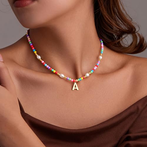 Colorful Initial Necklace for Girls – Trendy Dainty Beaded Choker with Letter Pendant, 14K Gold Plated, Cute Personalized Jewelry Gift for Kids, Teens, Women, Birthday, Christmas, Lockets2
