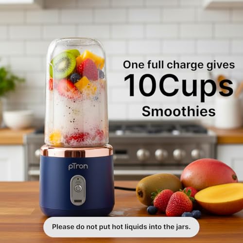 Image of pTron EaseMate Blender M1 Portable Electric Blender, Mini Personal Juicer, 6 Blades, Fruit Mixer with 2 Food Grade Jars, Type-C Fast Charging, Travel-friendly & Rechargeable Smoothie Maker (Blue)