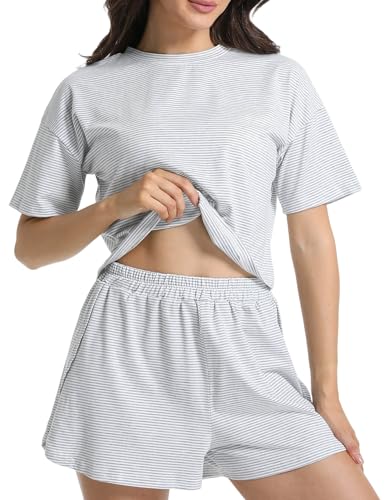Image of Split Short Pajama Set Soft Women's Striped Pajama Sleeve Tee & Elastic Waist Shorts Lounge Sleepwear Gray