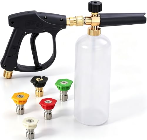 Stone Banks Pressure Washer Gun Foam Lance 4000PSI Snow Foam Gun with 5 Spray Nozzles 1/4 Quick Release Foam Cannon Bottle Soap Dispenser for Car Wash 1 Litre